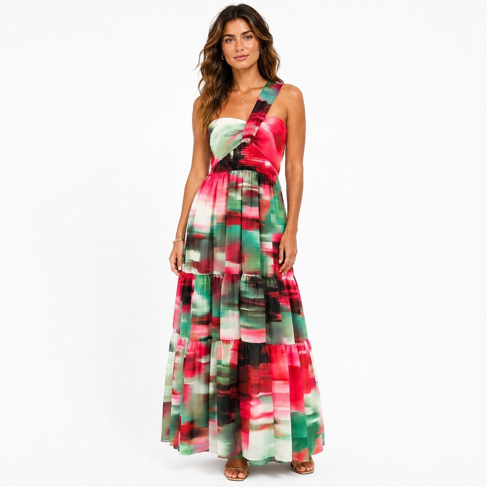 Belle Badgley Mischka Tiered Maxi Dress 2 Pink Green Watercolor One Shoulder